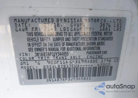 2018 Nissan Sentra S from USA, damaged, VIN 3N1AB7AP3JY344855